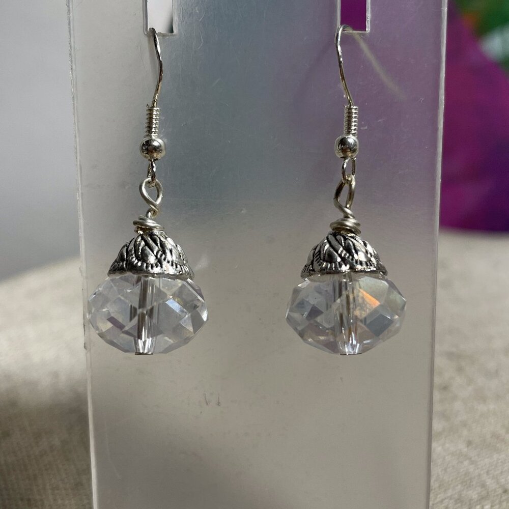 Clear Faceted Crystal Chunky Handmade Dangle Pierced Earrings 1 3/8” L NEW